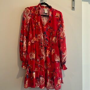 Red Floral long Sleeve Dress! size Large! Never worn!